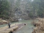 Steven Bland and Frank the dog at the Cougar Creek waterfalls